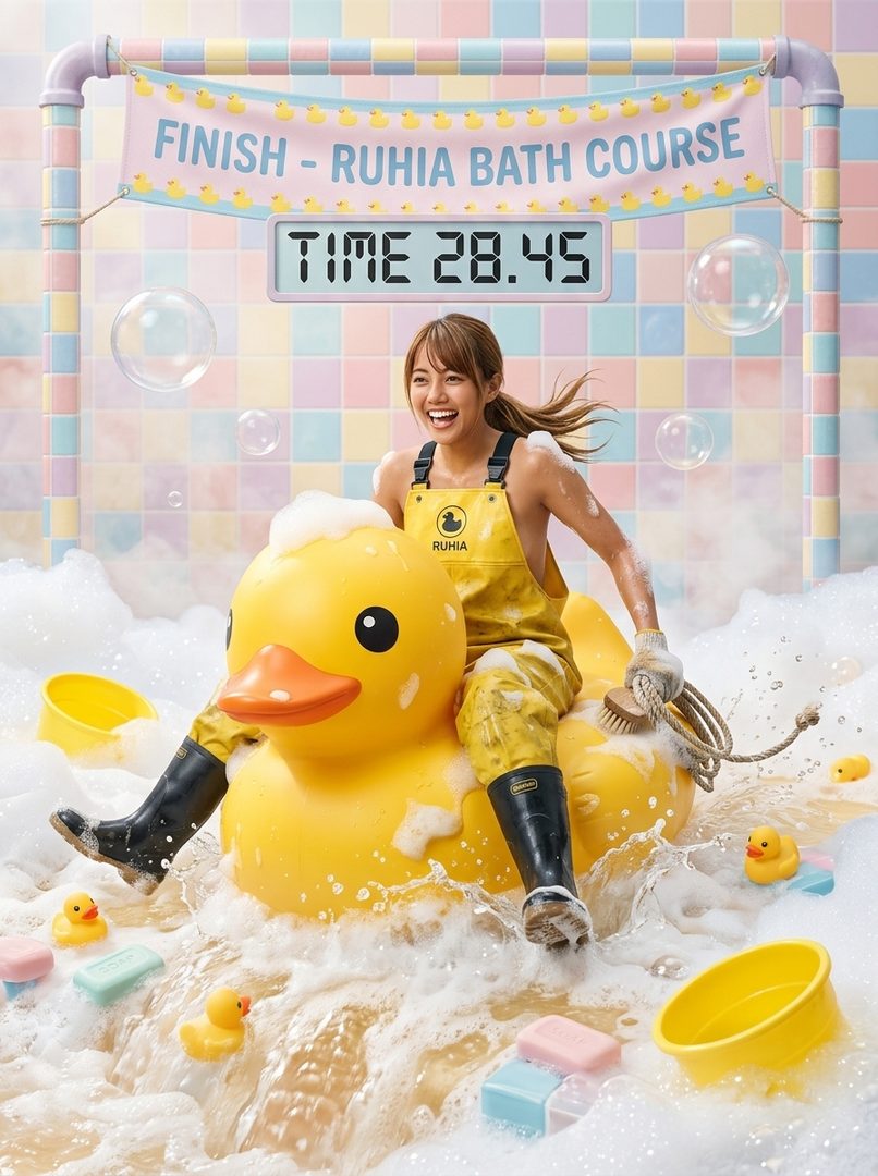 A cheerful woman in yellow overalls and boots rides a giant rubber duck in a bubbly bath, with a 'Finish - Ruhia Bath Course' banner and timer in the background.