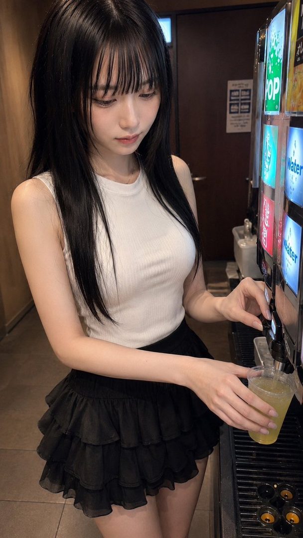 A young woman with long black hair and bangs is filling a cup from a soda fountain indoors.