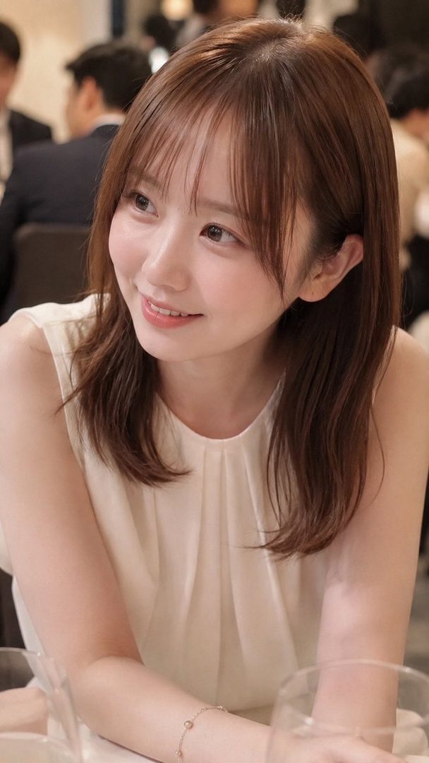 A smiling East Asian woman with long brown hair and bangs wears a white sleeveless top, looking to the side in an indoor setting.