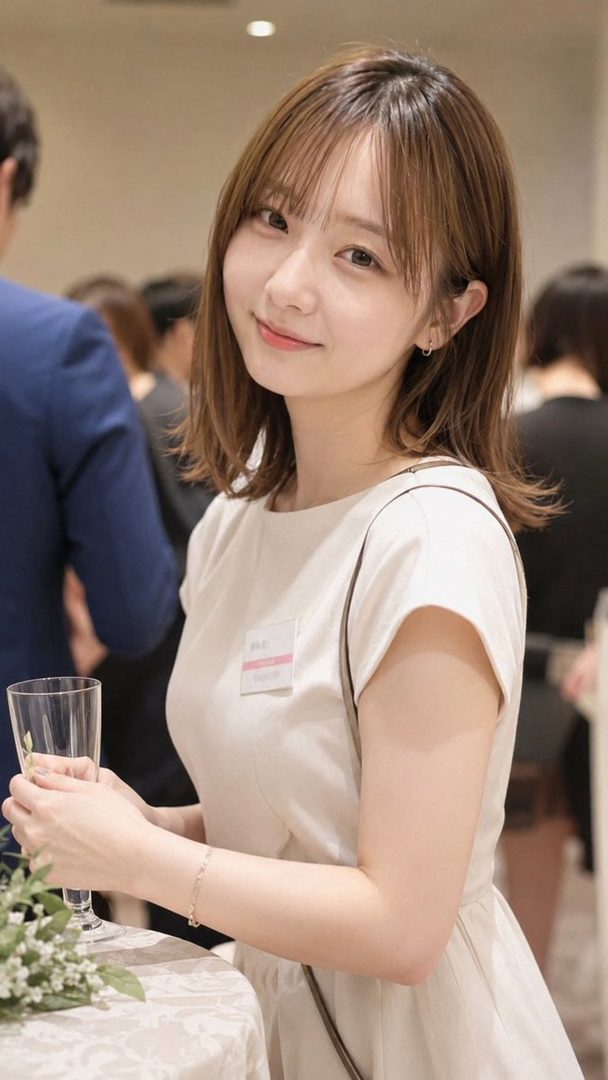 A young Japanese woman with short brown hair and bangs, wearing a light-colored dress, smiles gently while holding a glass at an indoor event.