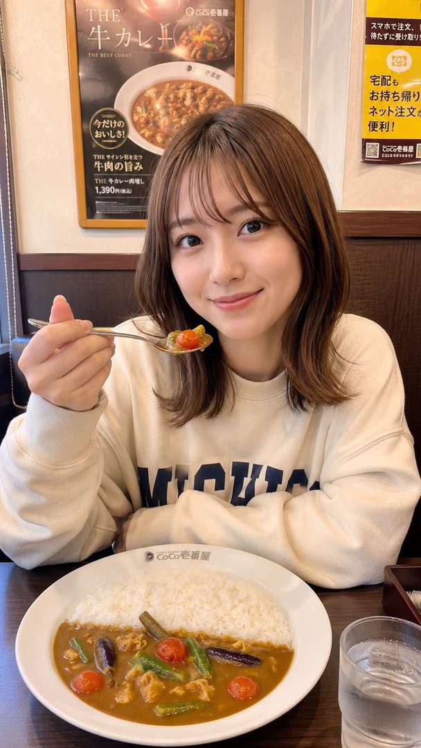 A young woman with brown hair and bangs smiles while holding a spoon of curry rice at a restaurant.