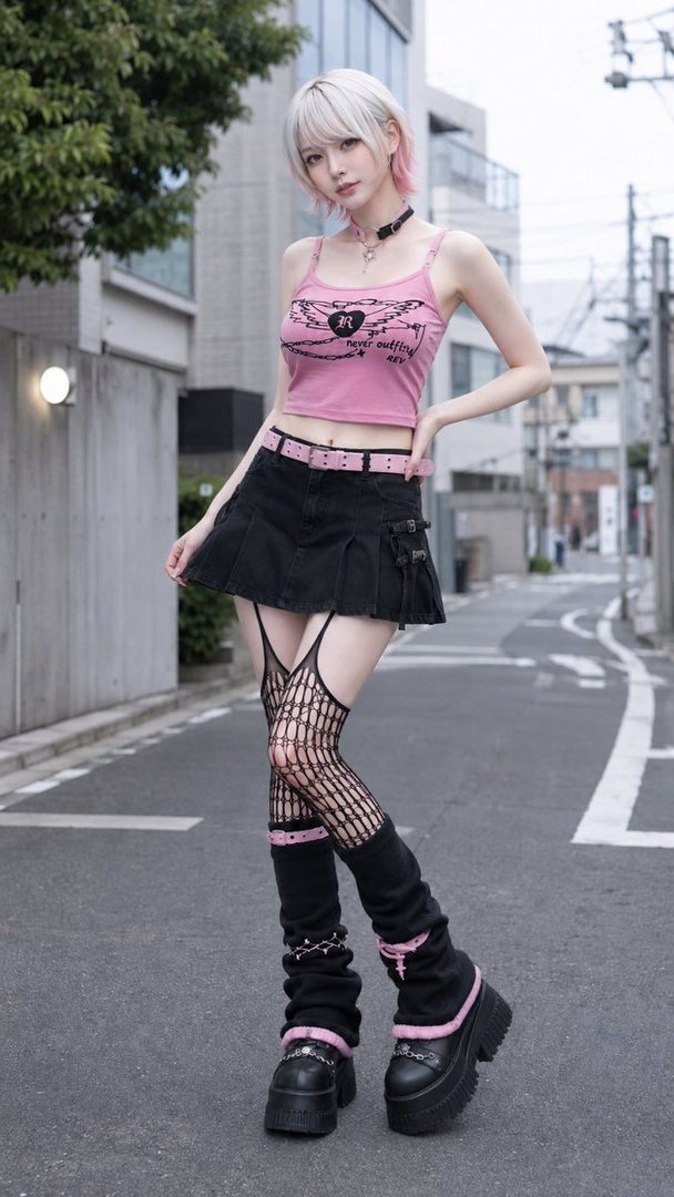 A young woman with short white and pink hair, wearing a pink crop top, black pleated skirt, fishnet stockings, and platform boots, stands on a city street.