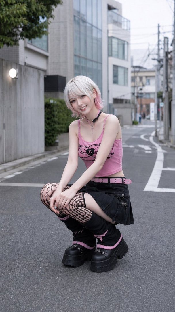 A young woman with short white hair and pink highlights, wearing a pink crop top, black mini skirt, fishnet stockings, and platform boots, squats on a city street.