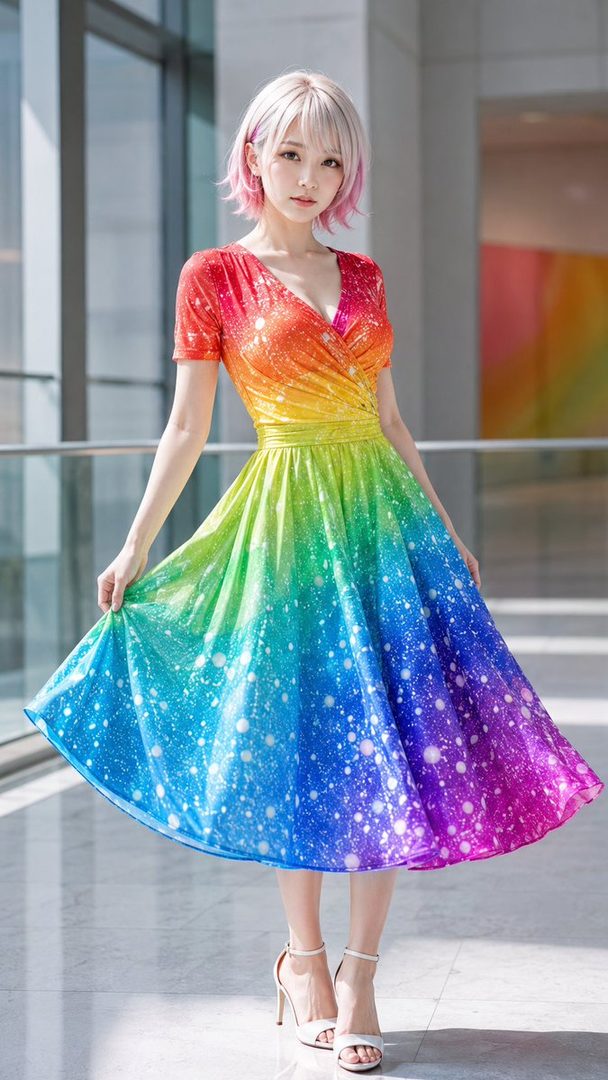 A woman with short blonde and pink hair wears a vibrant rainbow-colored dress with white speckles, posing indoors.