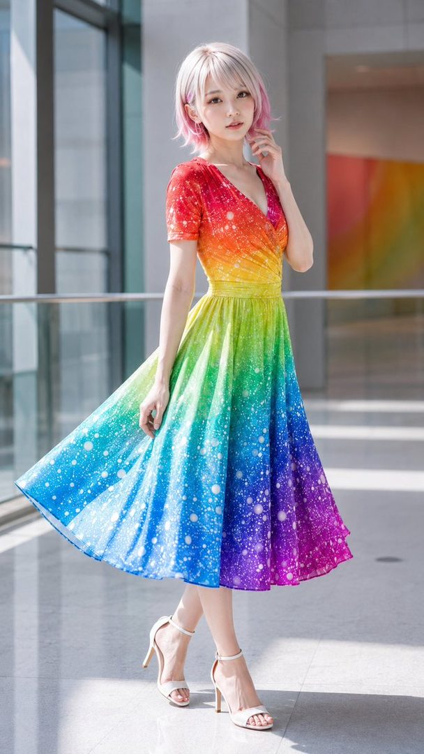 A young woman with short blonde and pink hair wears a vibrant rainbow-colored dress with white speckles, posing indoors.