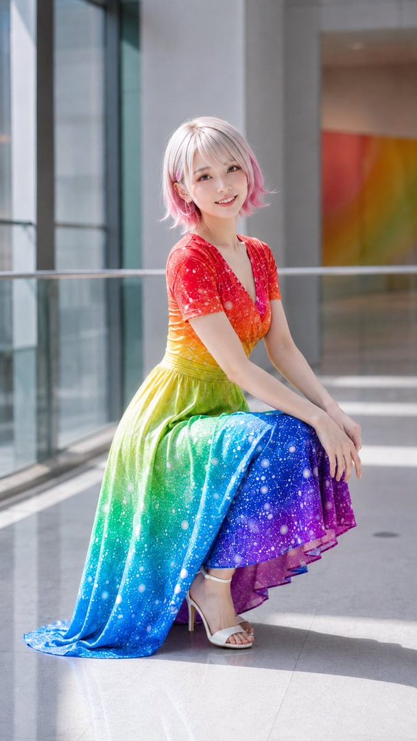 A young woman with pink and blonde short hair smiles while crouching in a rainbow-colored dress with a starry pattern.