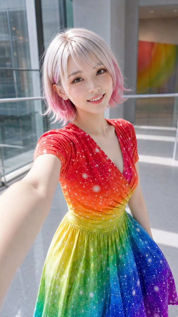 A smiling woman with short pink and blonde hair takes a selfie indoors, wearing a vibrant rainbow-colored dress with a starry pattern.