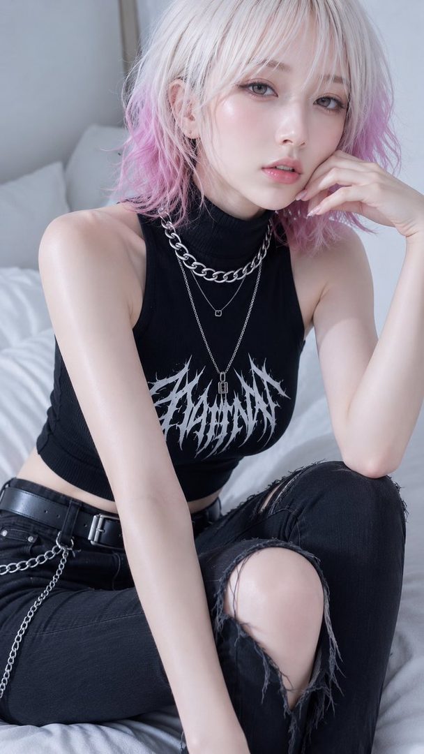 A young woman with pink and blonde hair, wearing a black crop top and ripped jeans, poses indoors.