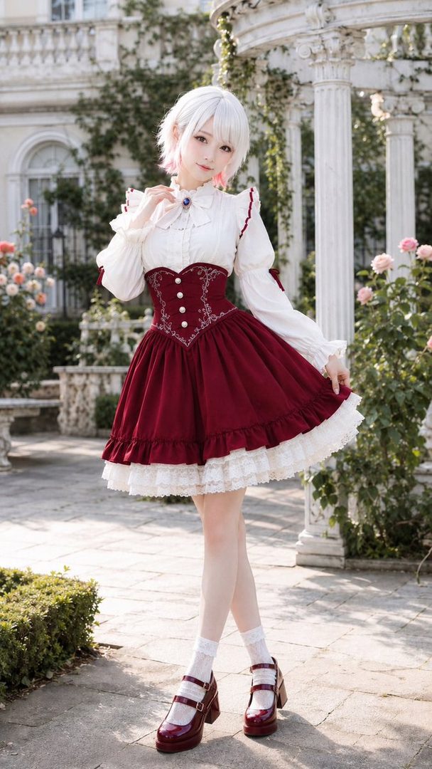 A young woman with short white hair and pink highlights poses outdoors in a white blouse and a red and white lolita-style dress.