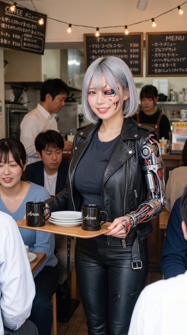 A woman with silver hair and a cyborg face and arm, dressed in a black leather jacket and pants, serves coffee in a cafe.