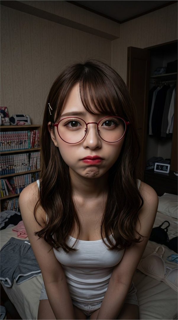A young woman with long brown hair and red glasses pouts at the camera while sitting on a bed in a messy room.