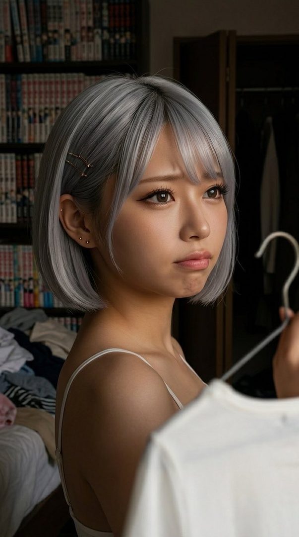 A young woman with silver bob hair and bangs looks away with a slight pout, holding a clothes hanger in an indoor setting.
