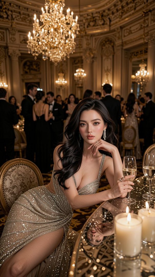 A beautiful woman with long black hair and a sparkling gold dress sits at a table with champagne and candles in a luxurious ballroom.