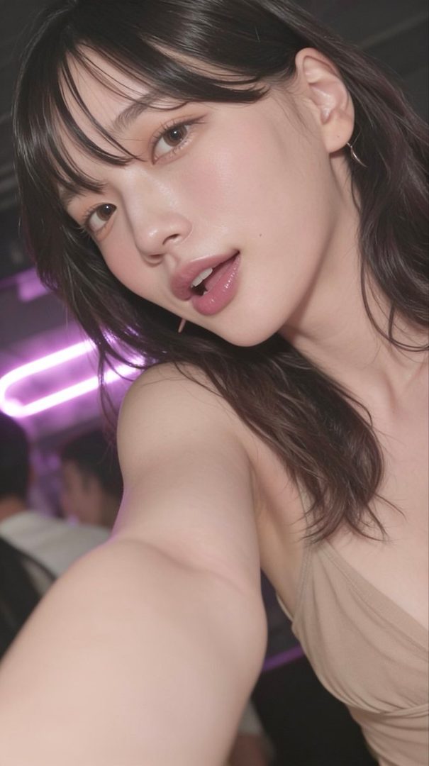 A photorealistic selfie of a young woman with long brown hair and bangs, wearing a light-colored top, with a purple neon light in the background.