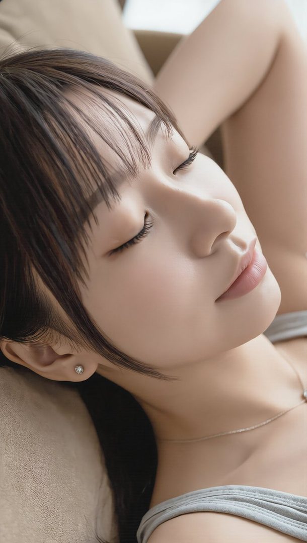 A close-up portrait of a young woman with her eyes closed, resting indoors.