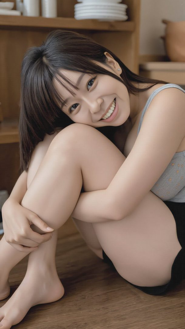 A young woman with black hair and bangs smiles brightly while sitting on a wooden floor, hugging her knees.