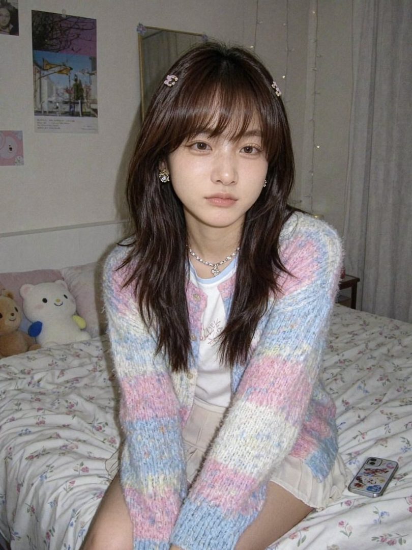 A young woman with long brown hair and bangs, wearing a pastel striped knit cardigan, sits on a bed in a bedroom.