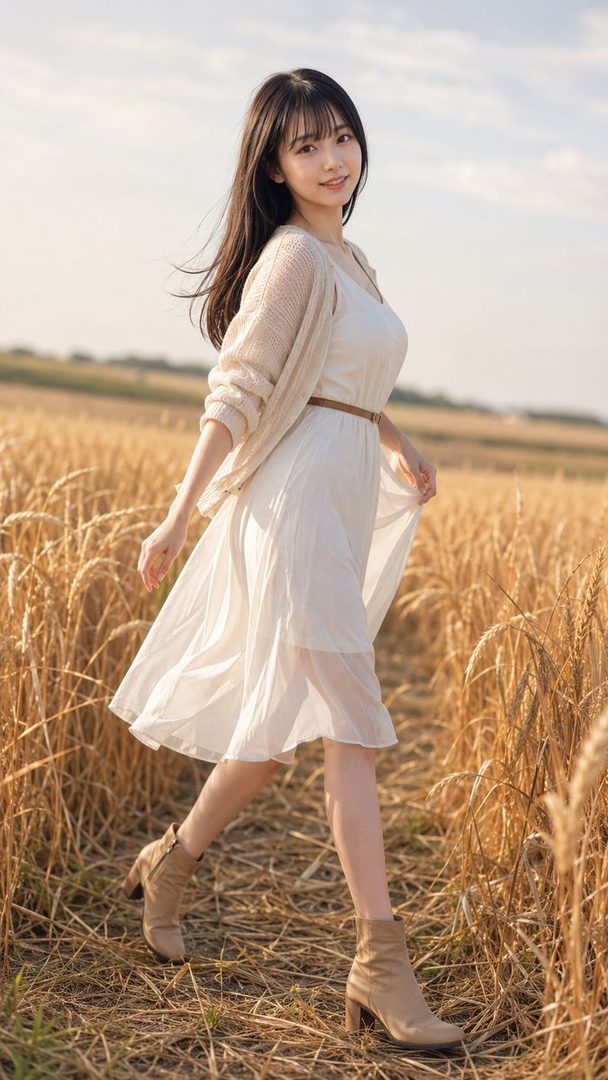 A young woman with long black hair and bangs, wearing a white dress and a light cardigan, walks through a golden wheat field under a clear sky.