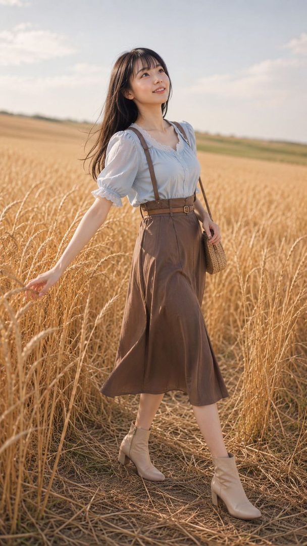A young woman with long black hair and bangs, wearing a light blue blouse and a brown skirt with suspenders, walks through a golden wheat field under a clear sky.