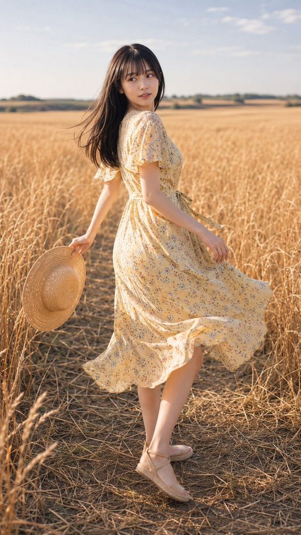 A young woman with long black hair and a yellow floral dress walks through a golden wheat field at golden hour, holding a straw hat.