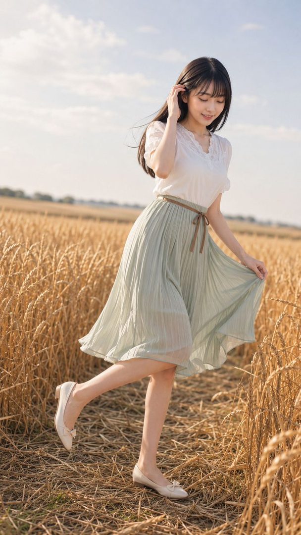 A young woman with long black hair and bangs, wearing a white blouse and a light green pleated skirt, walks through a golden wheat field under a clear sky.