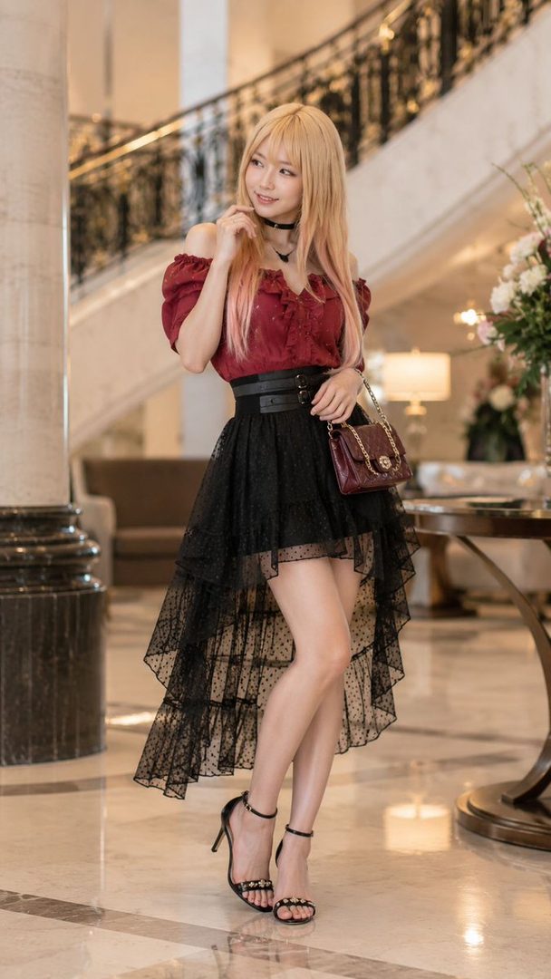 A woman with long blonde hair and a red off-shoulder top with a black tiered skirt poses elegantly indoors.