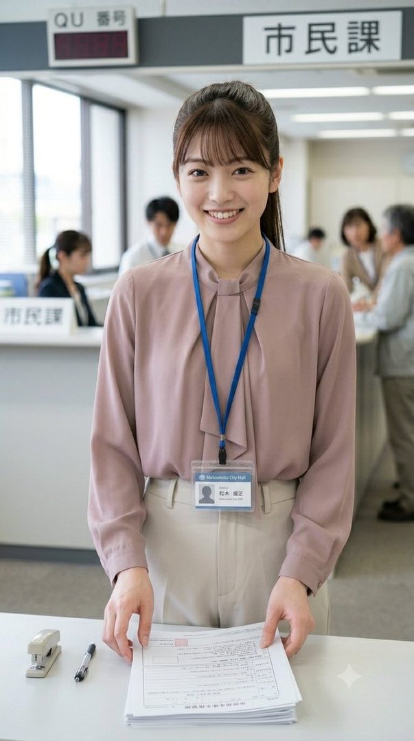 A smiling young woman with dark brown hair tied in a ponytail and bangs, wearing a pink blouse and beige pants, stands at a counter in what appears to be a city hall, holding documents.