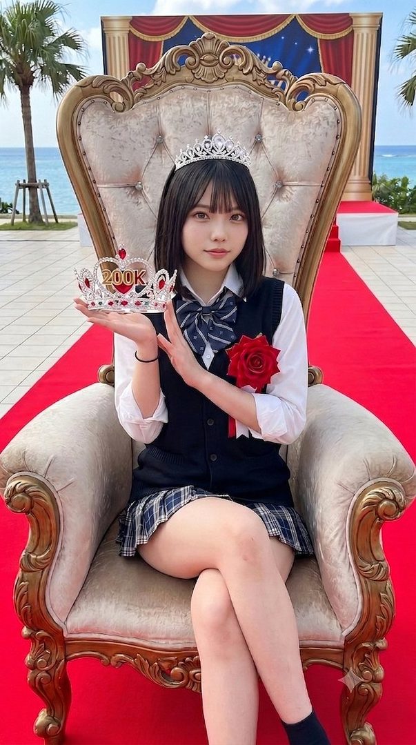 A young woman in a school uniform sits on a throne-like chair outdoors, holding a crown with '200K' on it, with a beach and palm trees in the background.