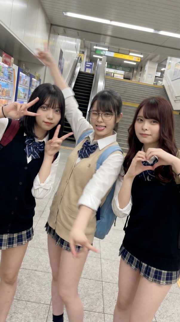 Three young women in Japanese school uniforms pose for a photo indoors, possibly in a train station or subway.