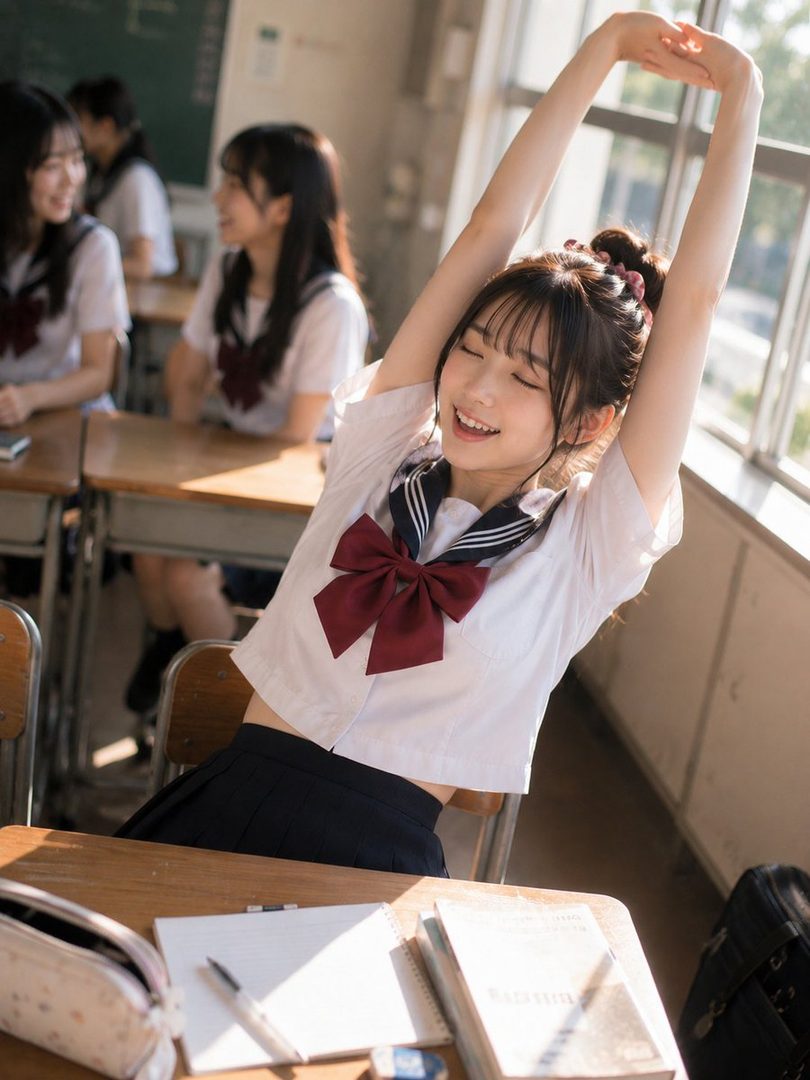A young woman in a school uniform stretches her arms above her head in a classroom, smiling with her eyes closed.
