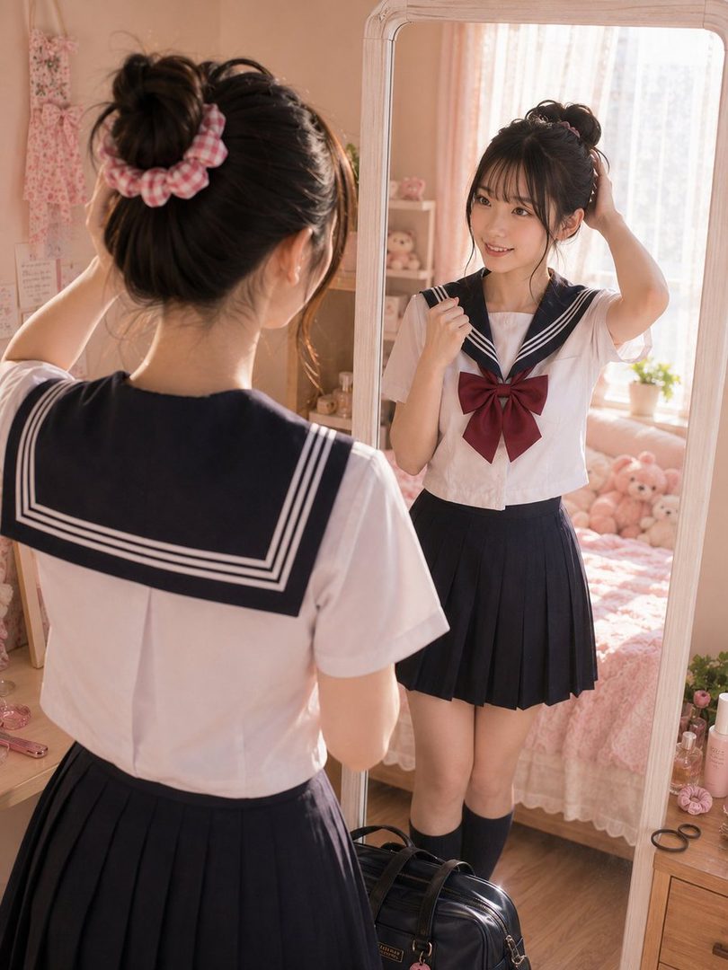 A young woman in a Japanese school uniform looks at her reflection in a mirror in her bedroom.