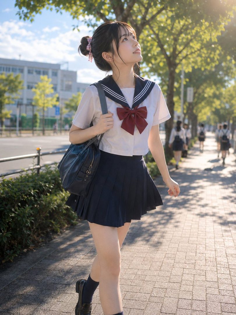 A young woman in a Japanese school uniform walks down a sunny street, looking up with a hopeful expression.