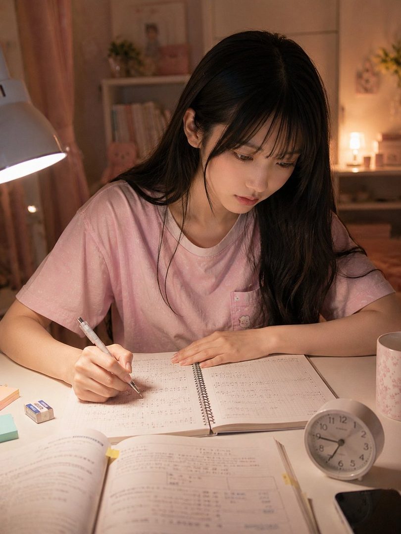 A young woman with long black hair and bangs is studying at a desk under a lamp at night, wearing a pink t-shirt.