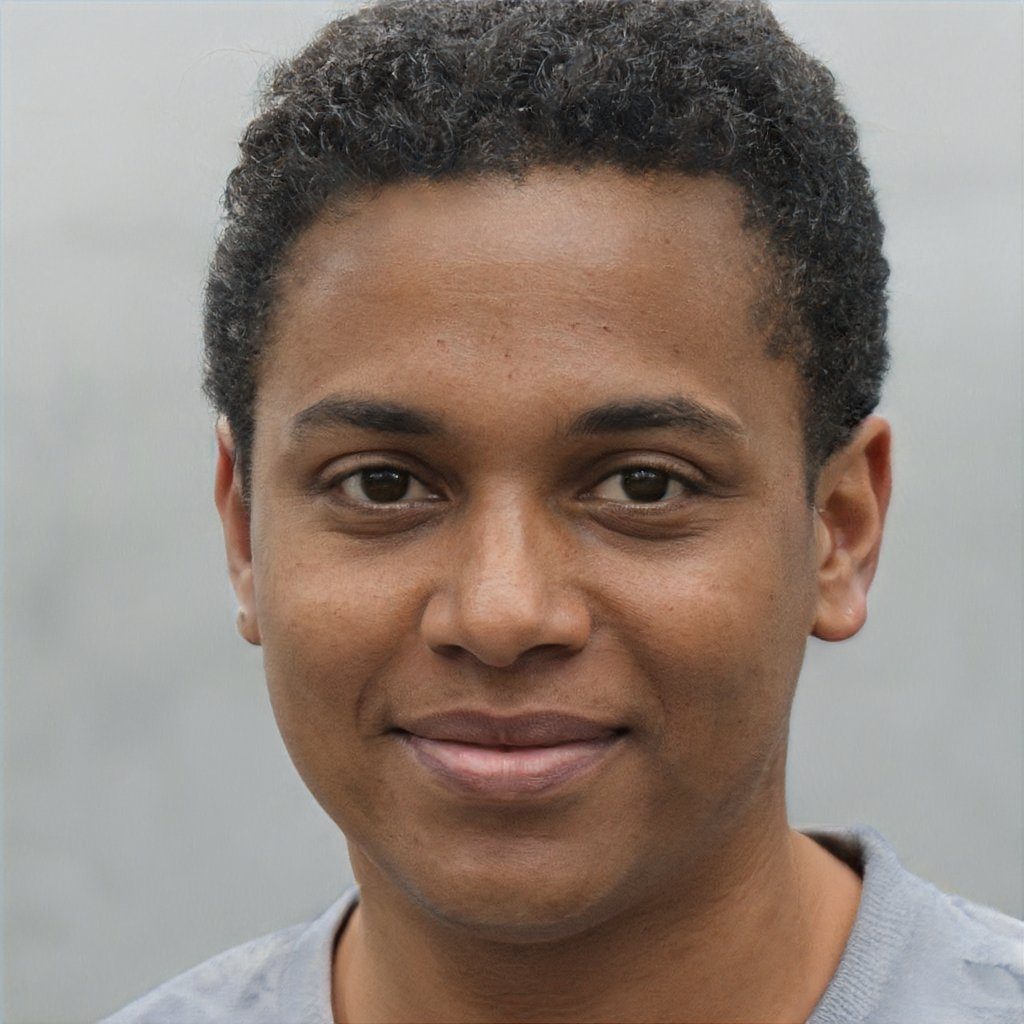 A photorealistic portrait of a young man with short curly black hair, smiling slightly at the camera.