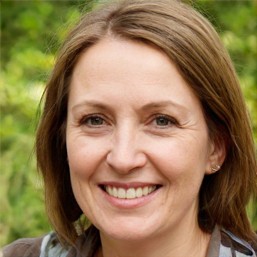 A photorealistic portrait of a smiling woman with brown hair outdoors.