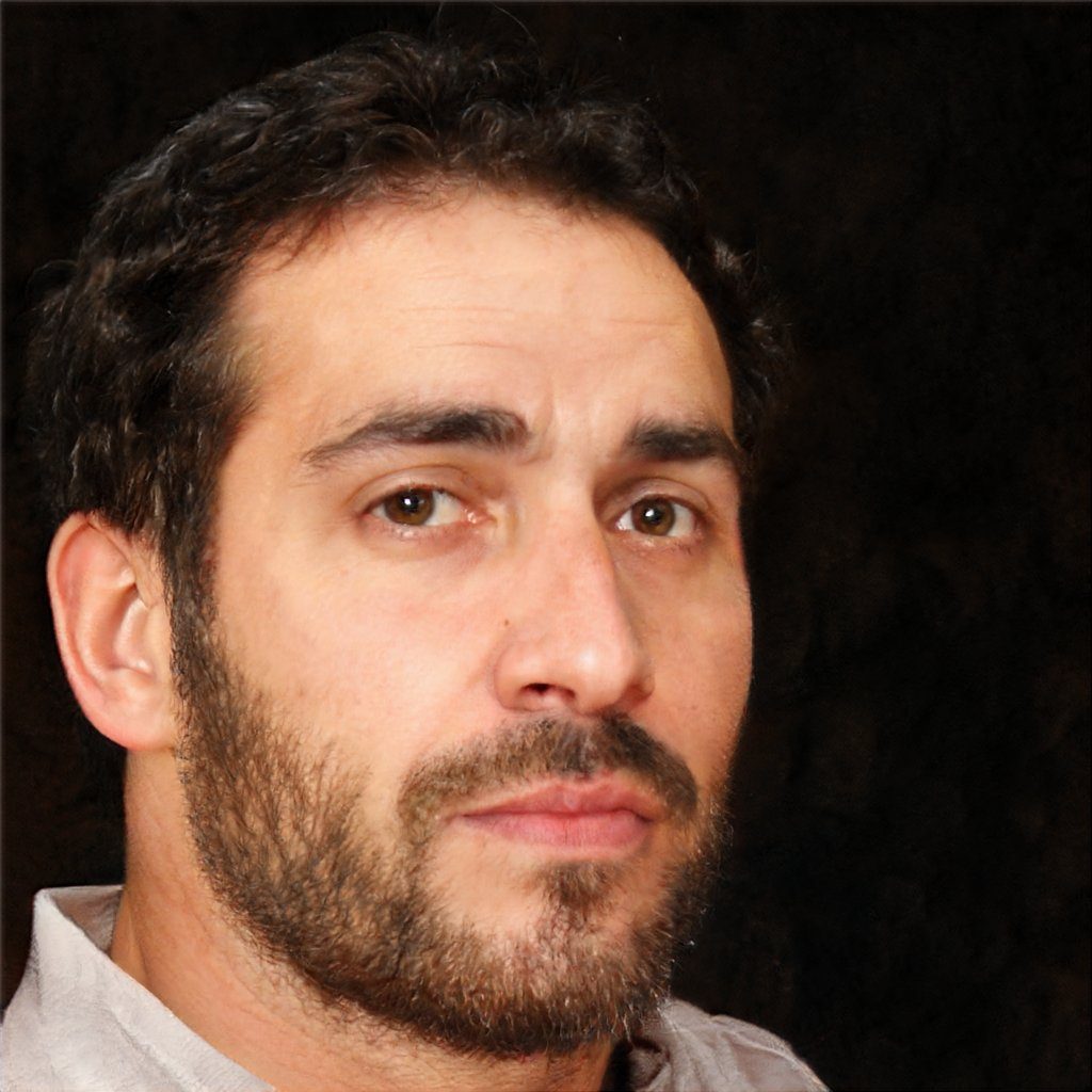A photorealistic portrait of a man with a beard and short brown hair, looking directly at the viewer against a dark background.
