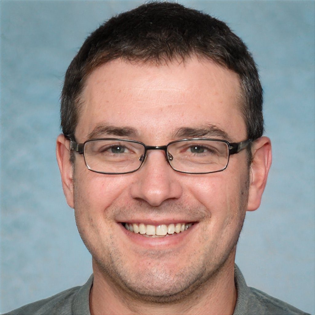 A photorealistic portrait of a man with short brown hair and glasses, smiling against a light blue background.