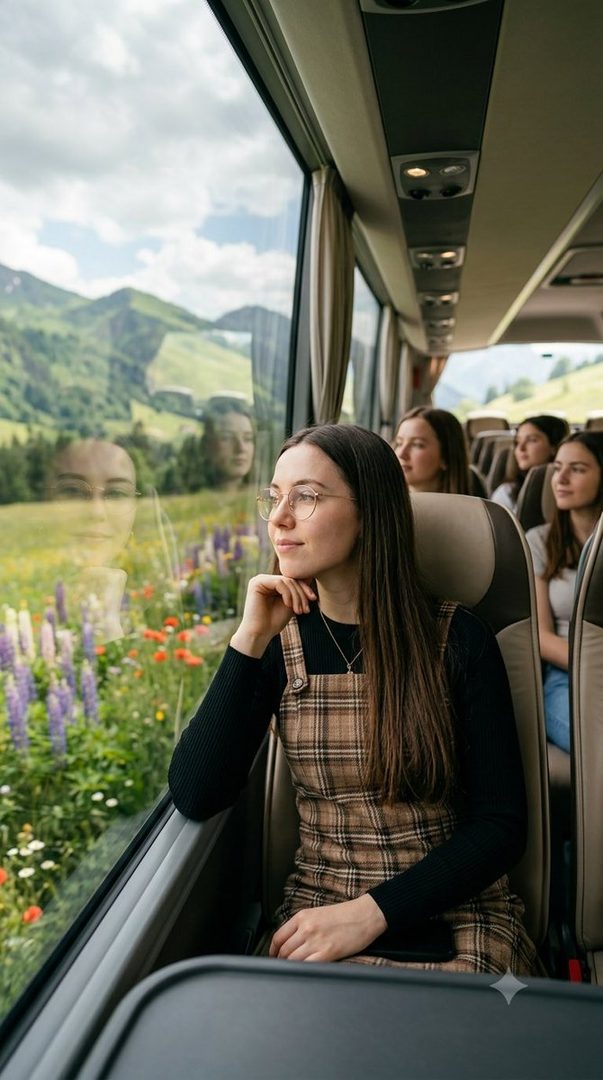 A young woman with long brown hair and glasses sits by a window on a bus, looking out at green mountains and colorful flowers.