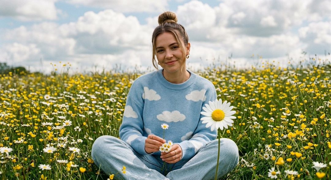 A young woman with a bun hairstyle, wearing a light blue cloud-patterned sweater and jeans, sits in a field of daisies under a cloudy sky.