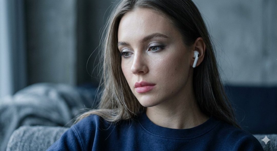 A photorealistic portrait of a woman with long brown hair and a navy blue shirt, wearing white AirPods, looking down with a serene expression.