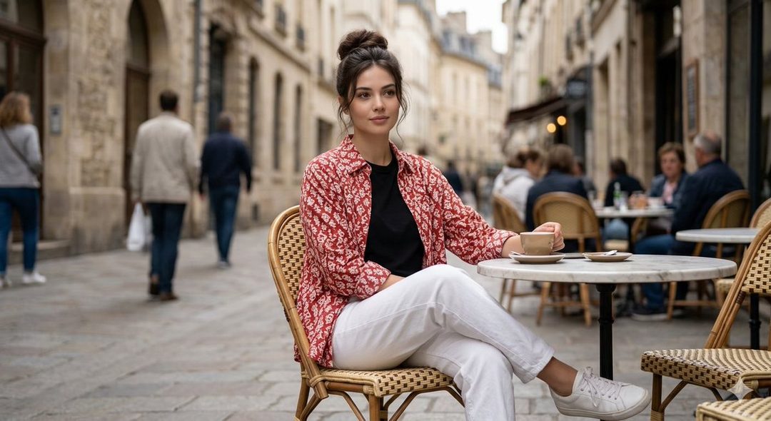 A beautiful young woman with dark hair in a bun sits at an outdoor cafe in a European street, wearing a red and white patterned shirt, white trousers, and white sneakers.