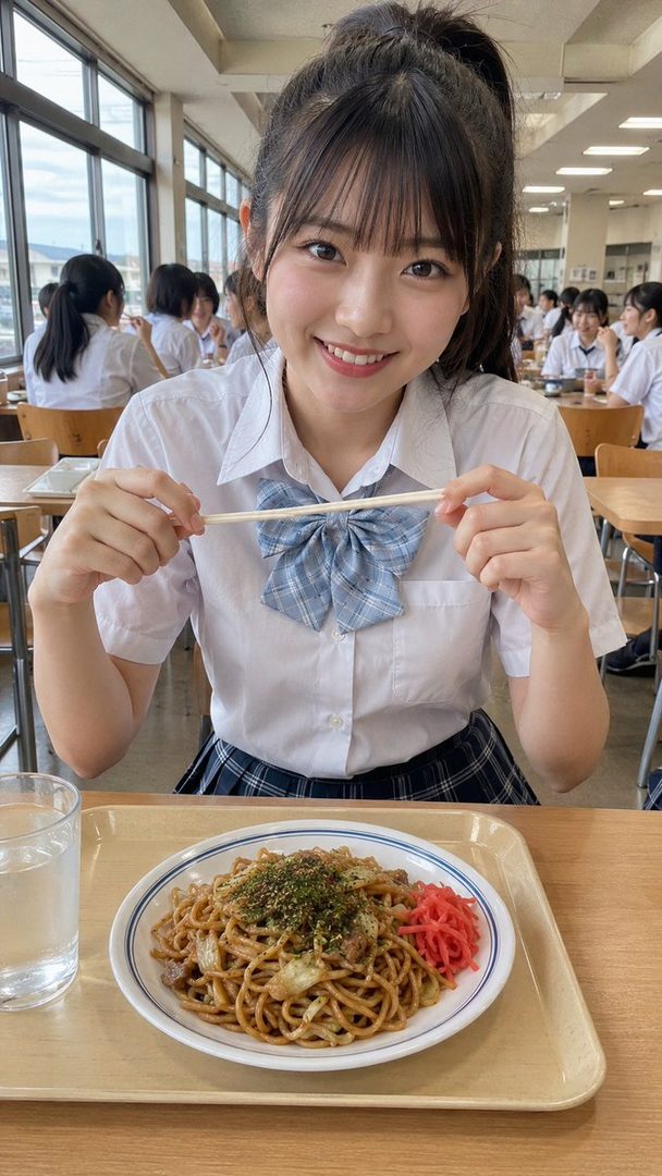 A young woman in a school uniform smiles while holding chopsticks over a plate of yakisoba in a school cafeteria.
