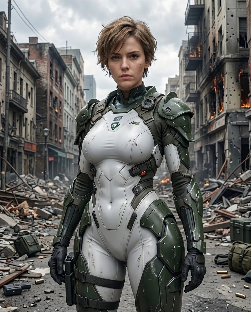 A woman in futuristic military armor stands in a war-torn city street.