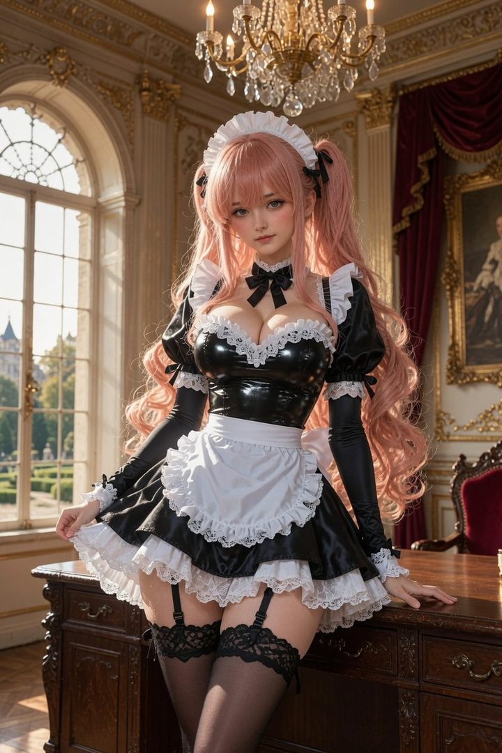 A photorealistic AI-generated image of a woman with pink twintails wearing a black and white maid outfit with garters, standing in a luxurious room.
