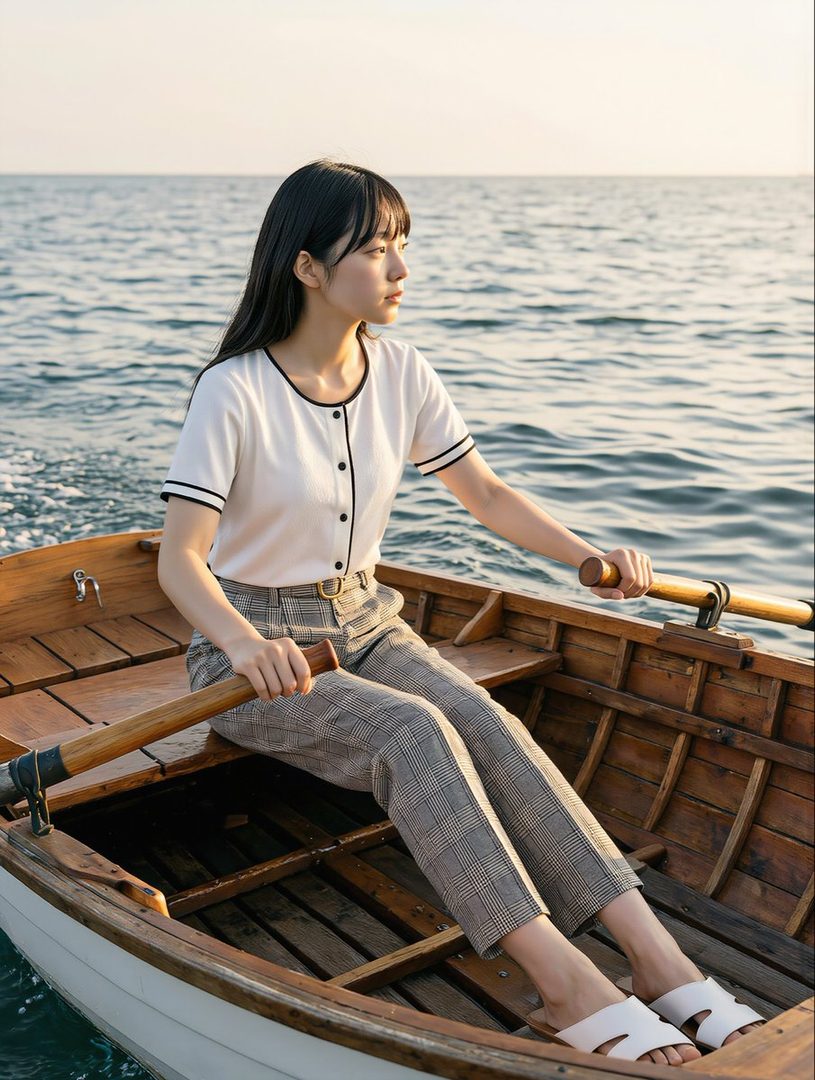 A young woman with long black hair and bangs sits in a wooden rowboat on the water, looking out at the horizon during golden hour.