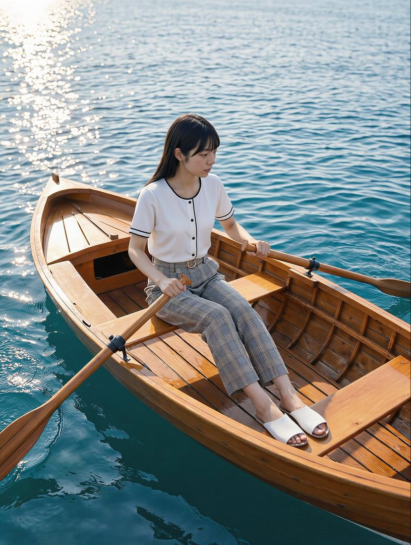 A young woman with long black hair sits in a wooden rowboat on calm blue water, holding an oar.