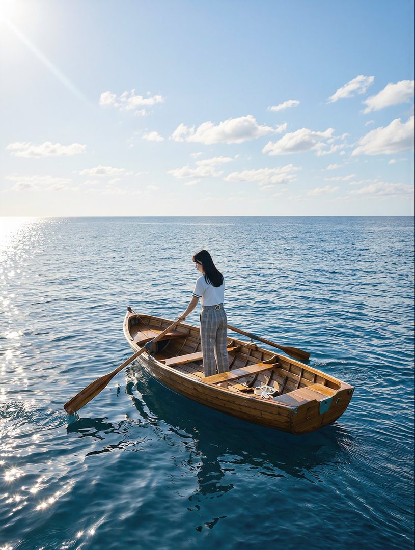 A woman in casual clothes stands in a wooden rowboat on a calm blue sea under a bright sky.