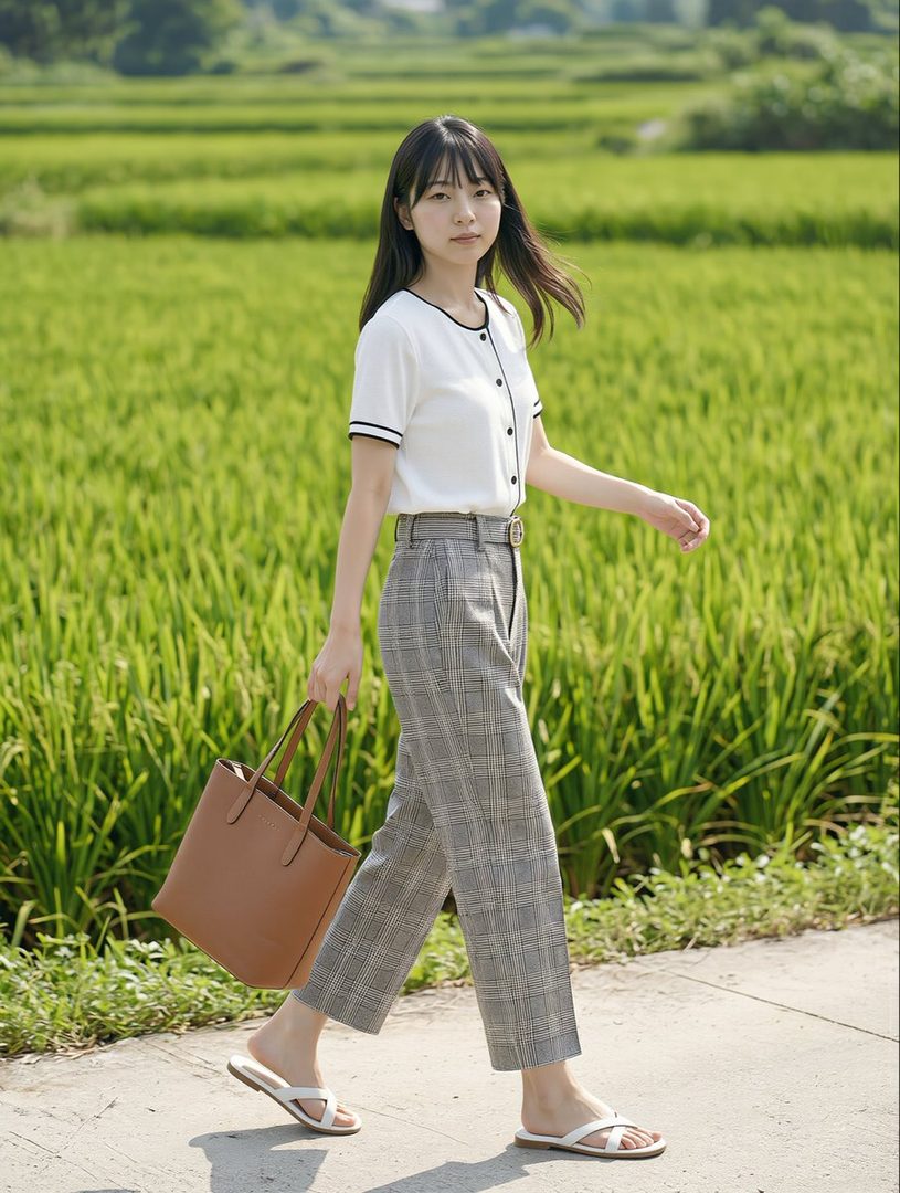 A young woman with long black hair walks along a path next to a vibrant green rice field, carrying a brown tote bag.
