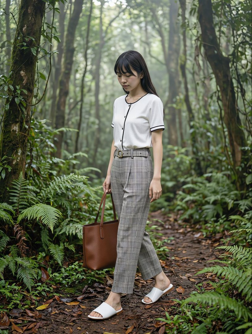 A young woman with long black hair and bangs, wearing a white short-sleeved top and plaid trousers, walks through a lush green forest with a brown tote bag.