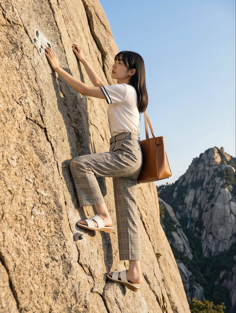 A young woman in casual attire is seen climbing a rock face outdoors, with mountains in the background.